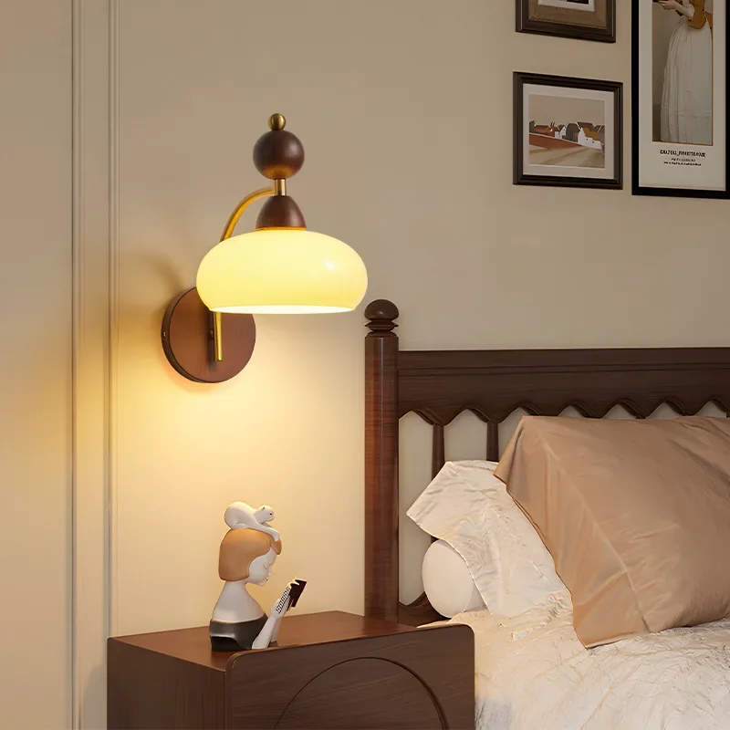 

Neoclassical Wood Wall Sconce Lamp with High CRI and Anti-Blue Light Warm Japanese Glass Wall Lights Bedside Lamp