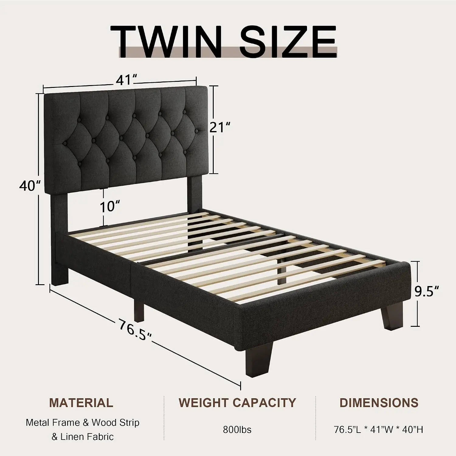 Twin Upholstered Bed Frame Button Tufted Linen Platform Wood Slat Heavy Duty Easy Assembly No Box Spring, Customized