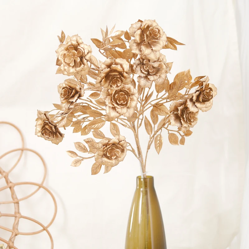 Kahaul Künstliche goldene Rose Blume Eukalyptus Blatt Weihnachten Hochzeit Home Decor gefälschte Pflanze Party Vase Neujahr Arrangement