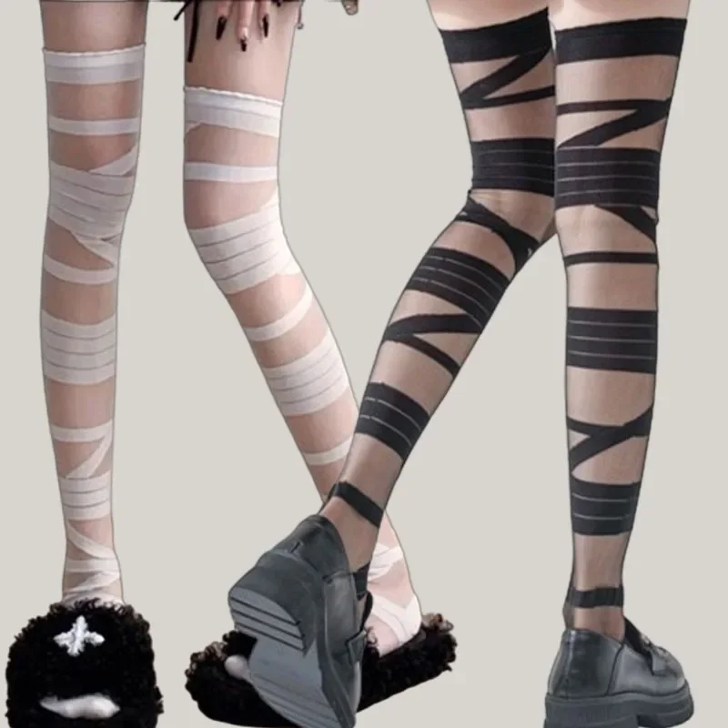 Women's Sexy Cross Tie Silk Stockings Black White Long Tube Socks Girl Lolita Sweet JK Women Tight Shaping Transparent Leg Sox