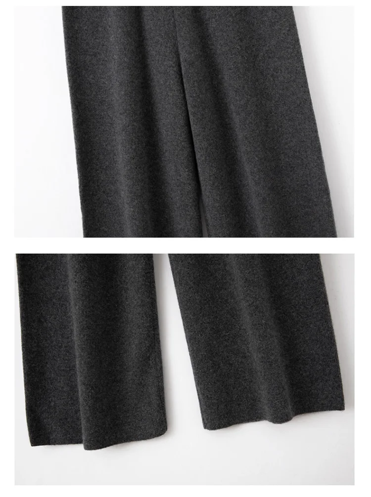 

Autumn Winter Fashion Basic Women 100% Merino Wool Wide Leg Pants Simple Style Cashmere Knitted Trousers Loose Casual Pants