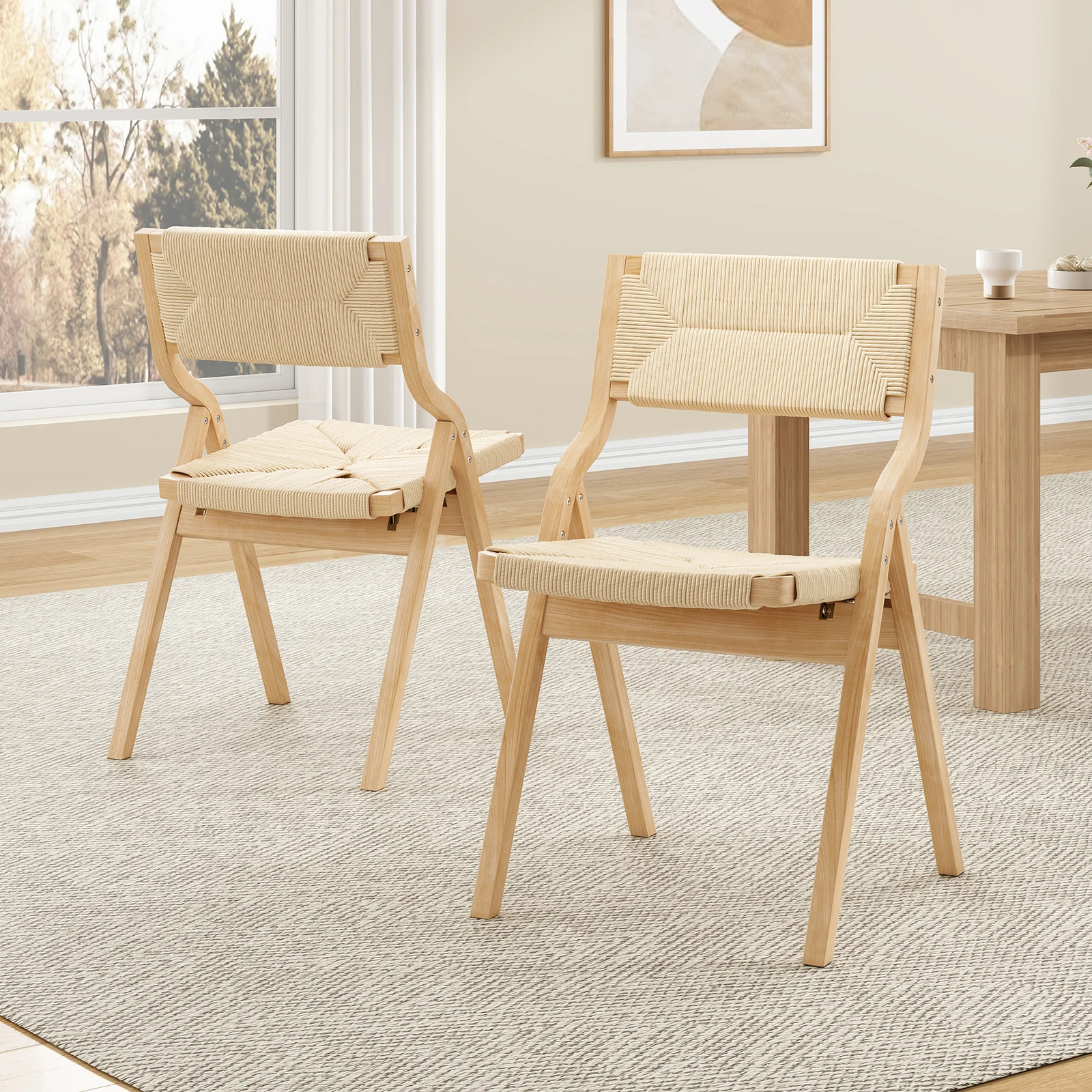 Wood Folding Chairs Set of 2, Stackable Foldable Wooden Dining Chairs with Woven Seat & Webbing Back for Kitchen & Dining Room