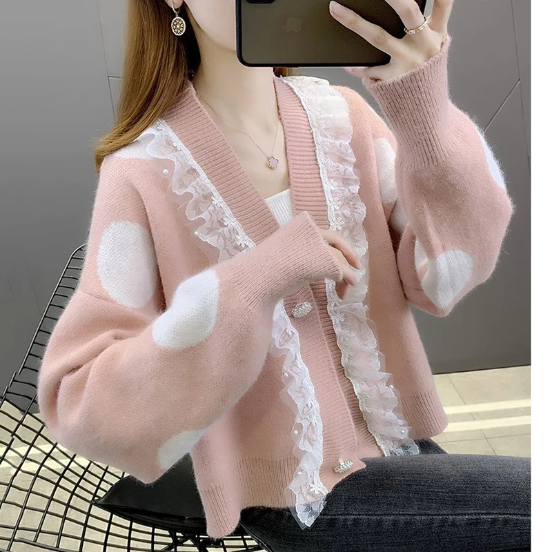 2025 outono novo cardigan camisola feminina exterior usar solto com decote em v renda costura jaqueta feminina curta manga longa blusas