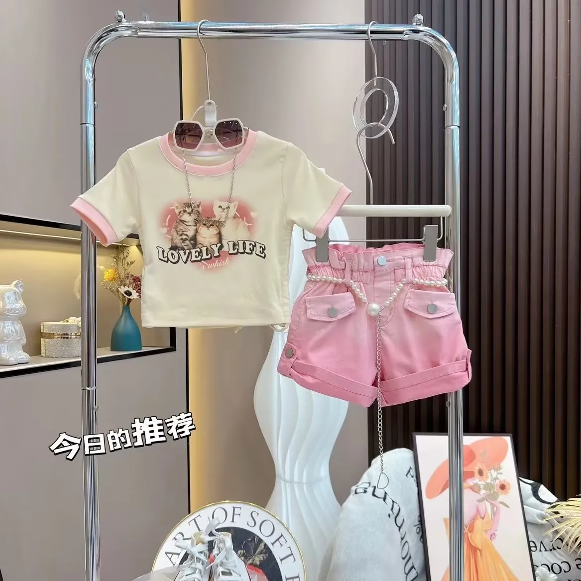 Retail  New Baby Girls  Summer Teenage  Fashion Sets  Cartoon Top+  Pink  Shorts   Princess Sweet Suits  3-9T