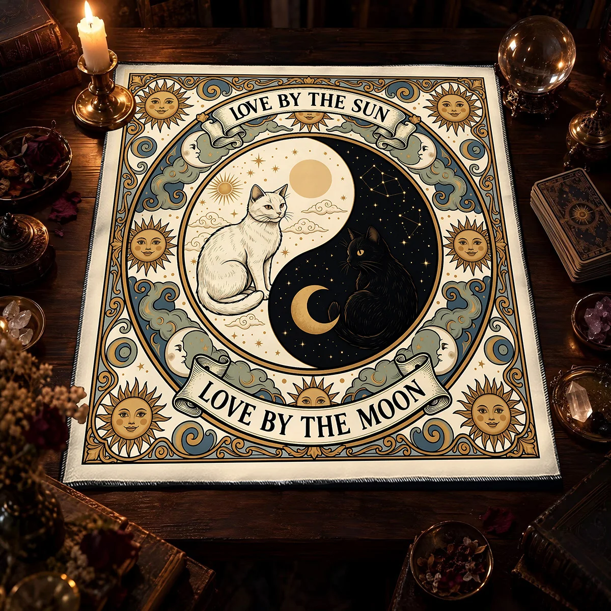 Yin Yang Cat Tarot Card Tablecloth Starry Sky & Sun Moon Altar Cloth For Tarot Witch Wicca Divination Cloth Card Pad Home Decor