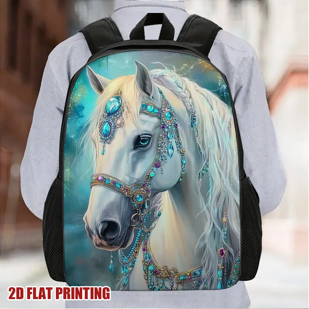 1pc Stylish Dreamy White Horse Backpack with 2D Flat Print – Vibrant Large Capacity School Bag, Lightweight, Adjustable