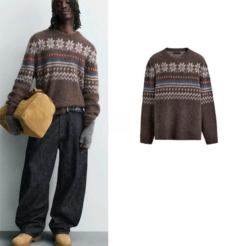 

Мужской повседневный свитер свободного кроя с геометрическим узором, круглым вырезом и длинными рукавами, из полиэфирного волокна, новинка зимы