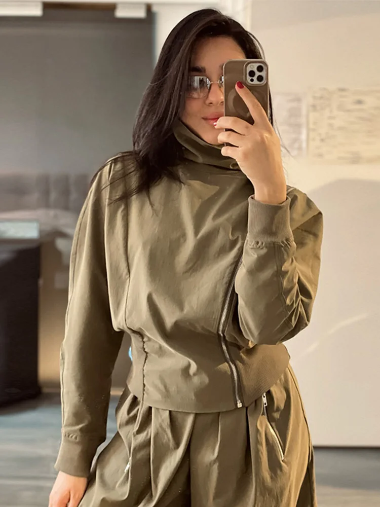

Asymmetric Short Jacket Pants Sets Women Stand Collar Full Sleeve Coat High Waist Wide Leg Cargo 2025 Spring Lady Street Outfits