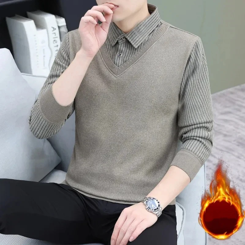 Men's Fake Two-piece Long-line Men's Velvet Thickened Warm Jacket Middle-aged Elderly Chinese Style Bottoming