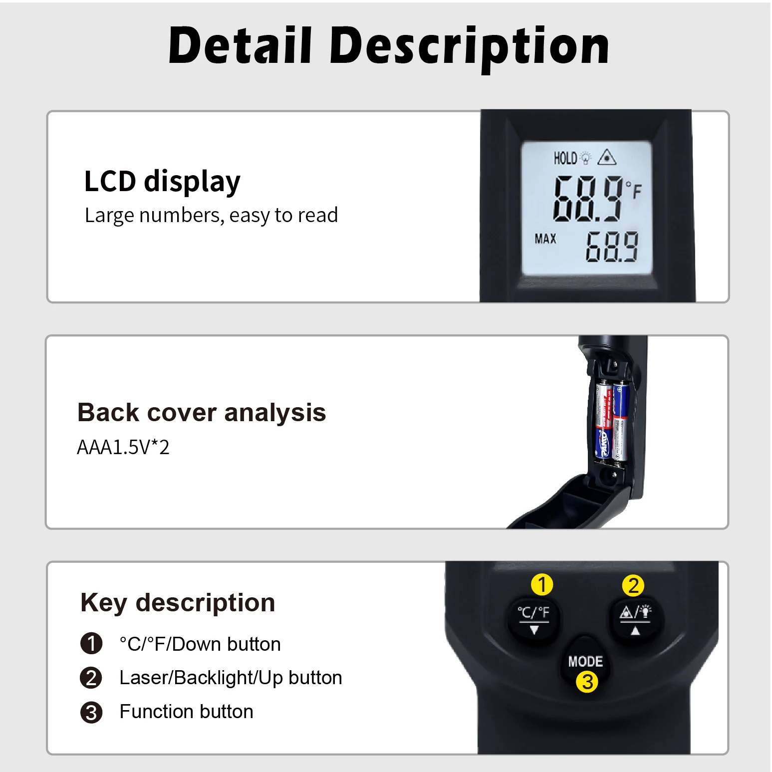 Digital Thermometer Non-contact industrial Infrared Laser LCD Color Screen Kitchen Thermometer Temperature Gun Tester-50-550