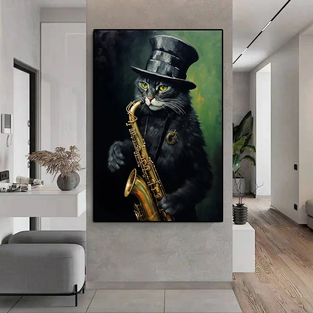 Classic Cat Playing Saxophone Canvas Painting Funny Animal Poster And Print Nursery Wall Art Mural Living Room Home Decoration