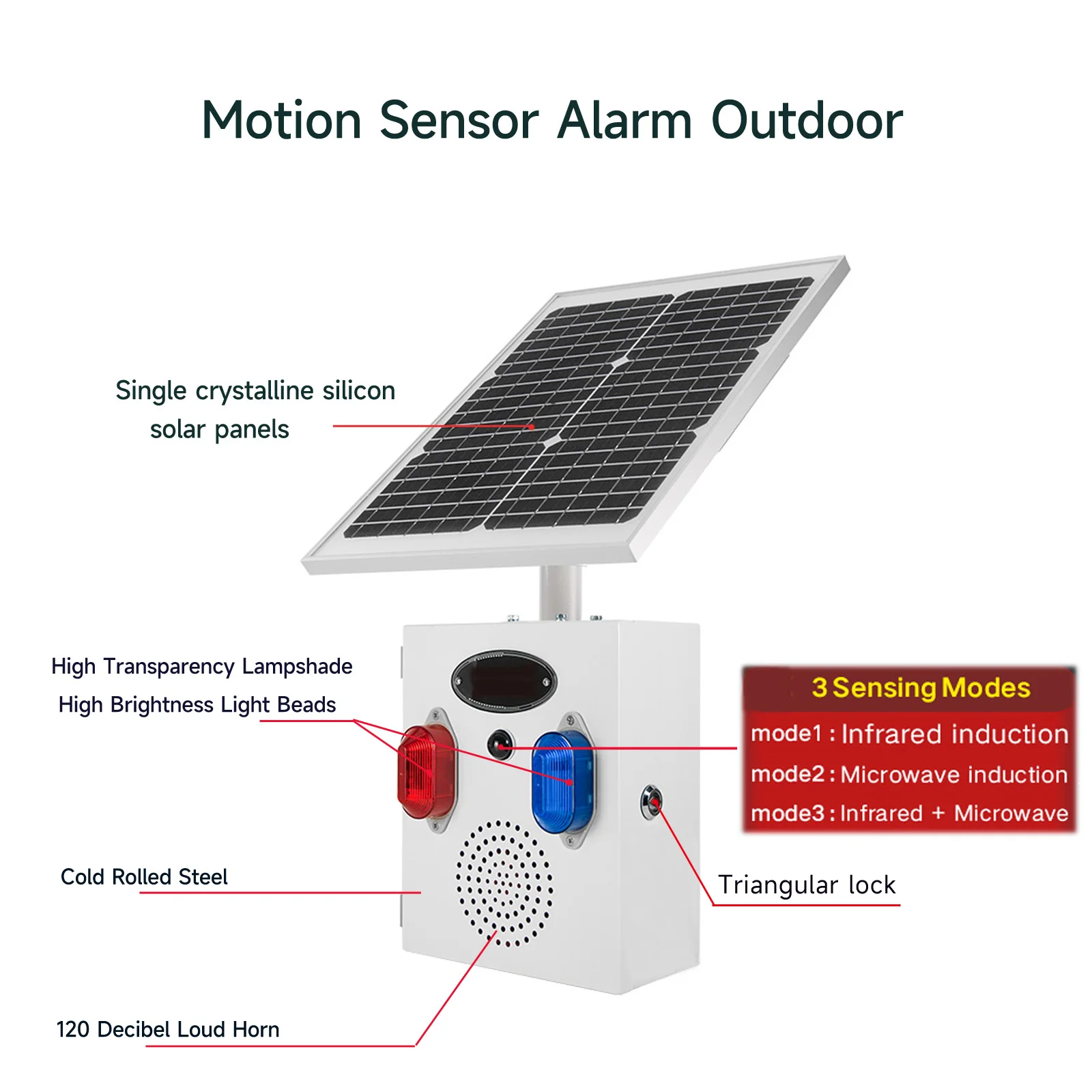 YASONG Outdoor Solar Motion Sensor Detector Alarm Siren with Red and Blue Strobe Light 120dB Horn 12 Tone for Farm Harbor