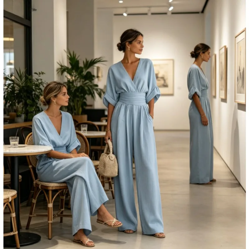 

2026 Spring Summer Elegant V Neck Waist Tie Jumpsuit Women‘s Casual Long Romper Perfect for Office Beach Vacation