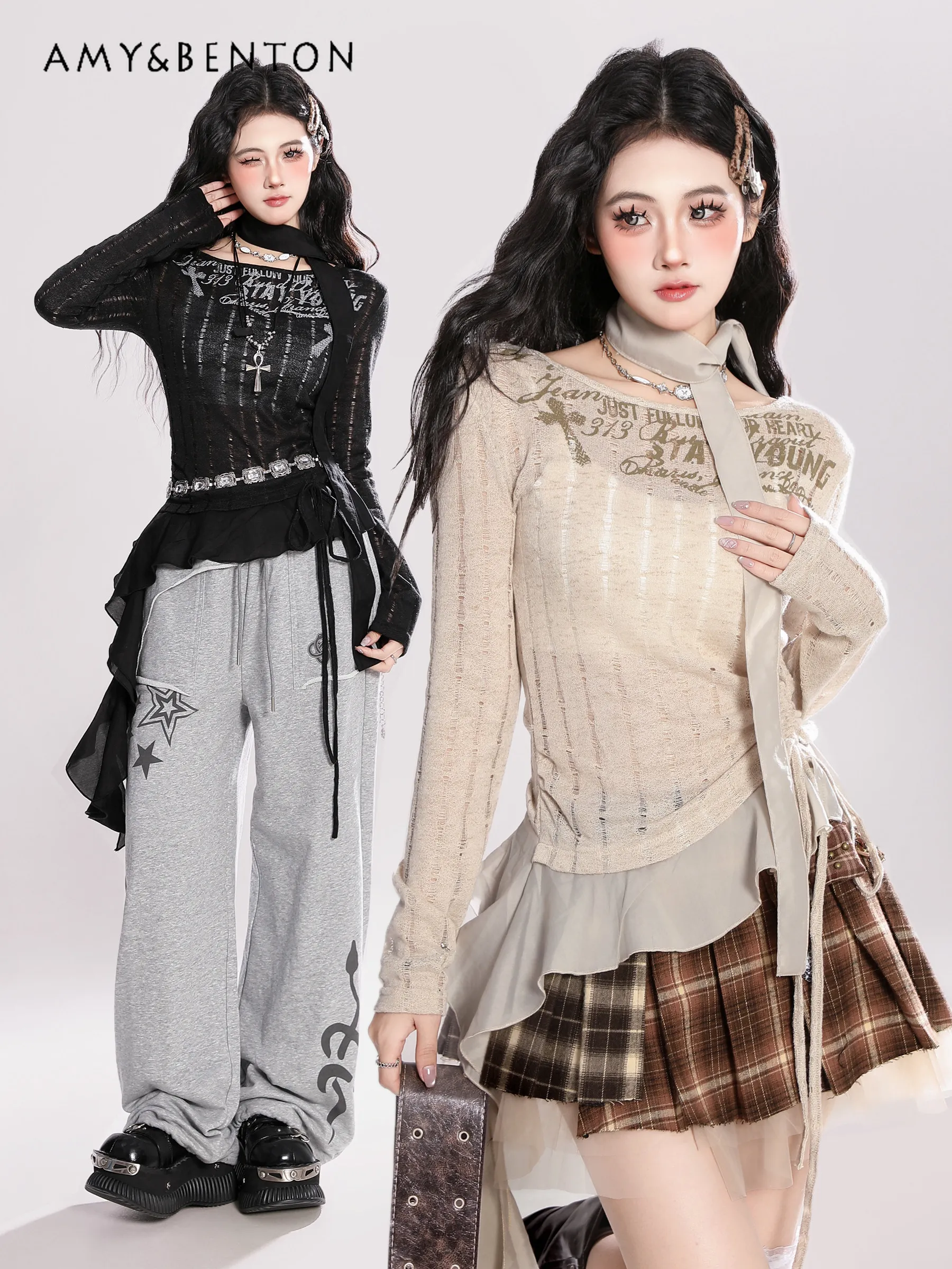 

Женская блузка с открытыми плечами, черная, с вырезами, свободного кроя, повседневная, с длинным рукавом, солнцезащитная, сетчатая, с лентами, для весны и лета