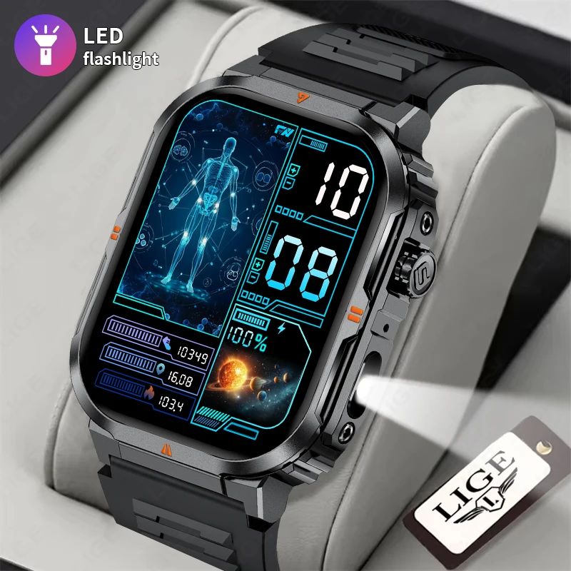 New Smart Watch Men Bluetooth Voice Call LED Flashlight Custom Watch Dial Heart Rate Health Monitor Waterproof Sports Smartwatch