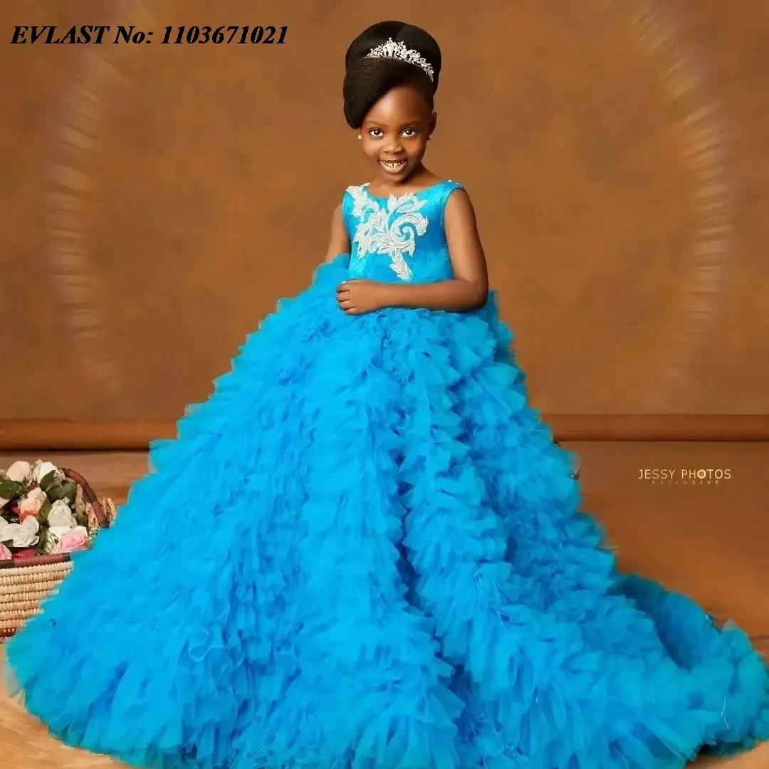 

EVLAST Customized Blue Flower Girls Dress for Wedding Tiered Ruffles Beading Girl Pageant Kids Holy First Communion Gown FD49