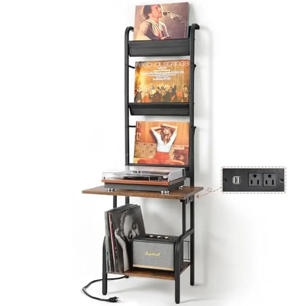 Record Player Stand with Vinyl Storage 200 Albums Turntable Shelf Holder Organizer Display Rack Metal Wood Fabric Black Brown