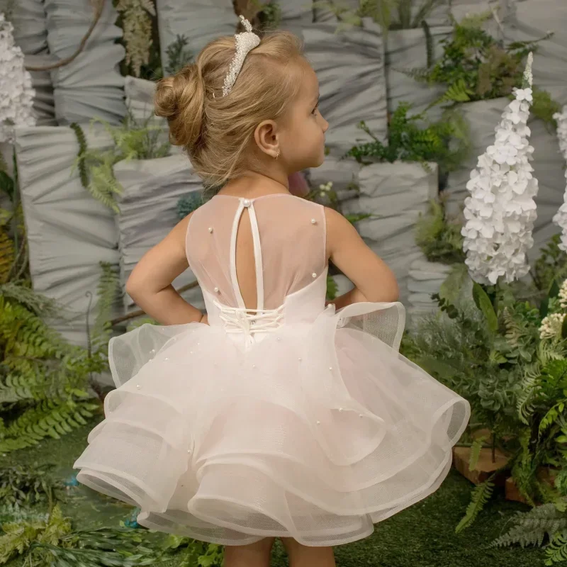 Flower Girl Dresses Light Pink Tulle Tiered Flory Pattern Sleeveless For Wedding Birthday Party First Communion Gowns baby