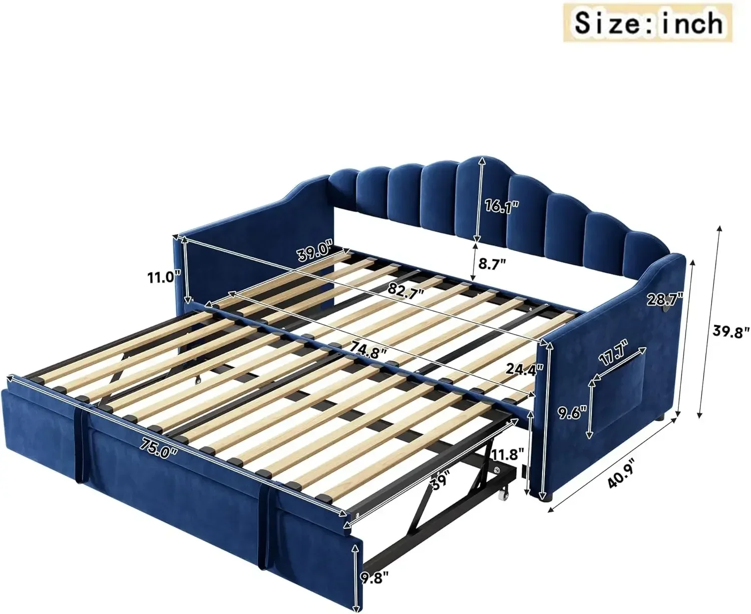 Velvet Upholstered Extendable Sofa Bed Frame With Pop Up Trundle Curved Backrest USB Ports Blue For Bedroom Small Spaces