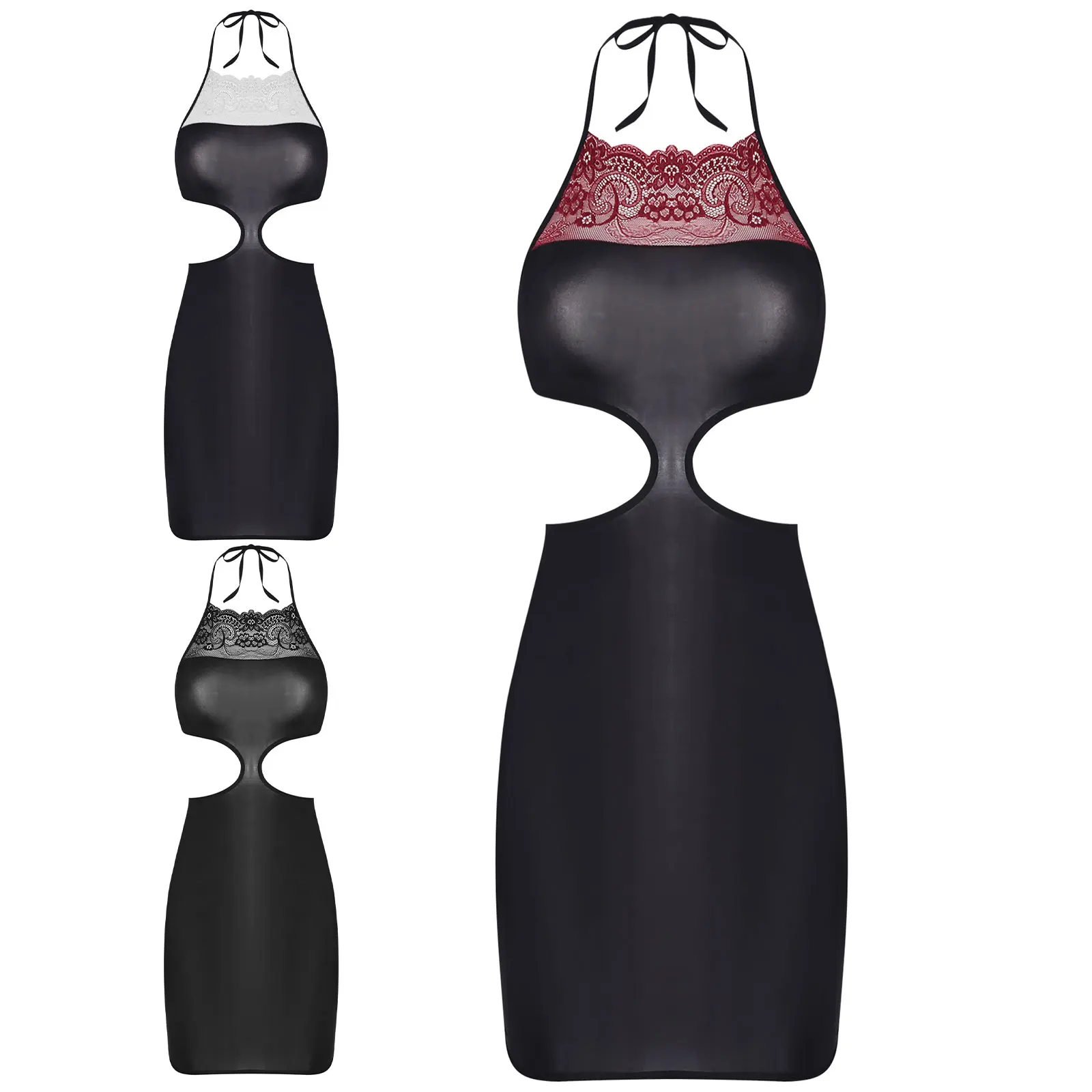 ผู้หญิงดูผ่าน Sheer ชุดชั้นในชุดมินิ Halter คอตัดลูกไม้ Warp ชุดสนุกชุดชั้นใน Party Rave Club Wear