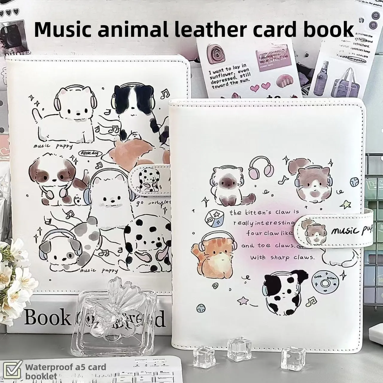 Music Cat Card Album Magnetic Closure A5 Four Grid Loose Leaf 3 Inch 5 Inch Laminated Niche Leather Storage Journal Stylish