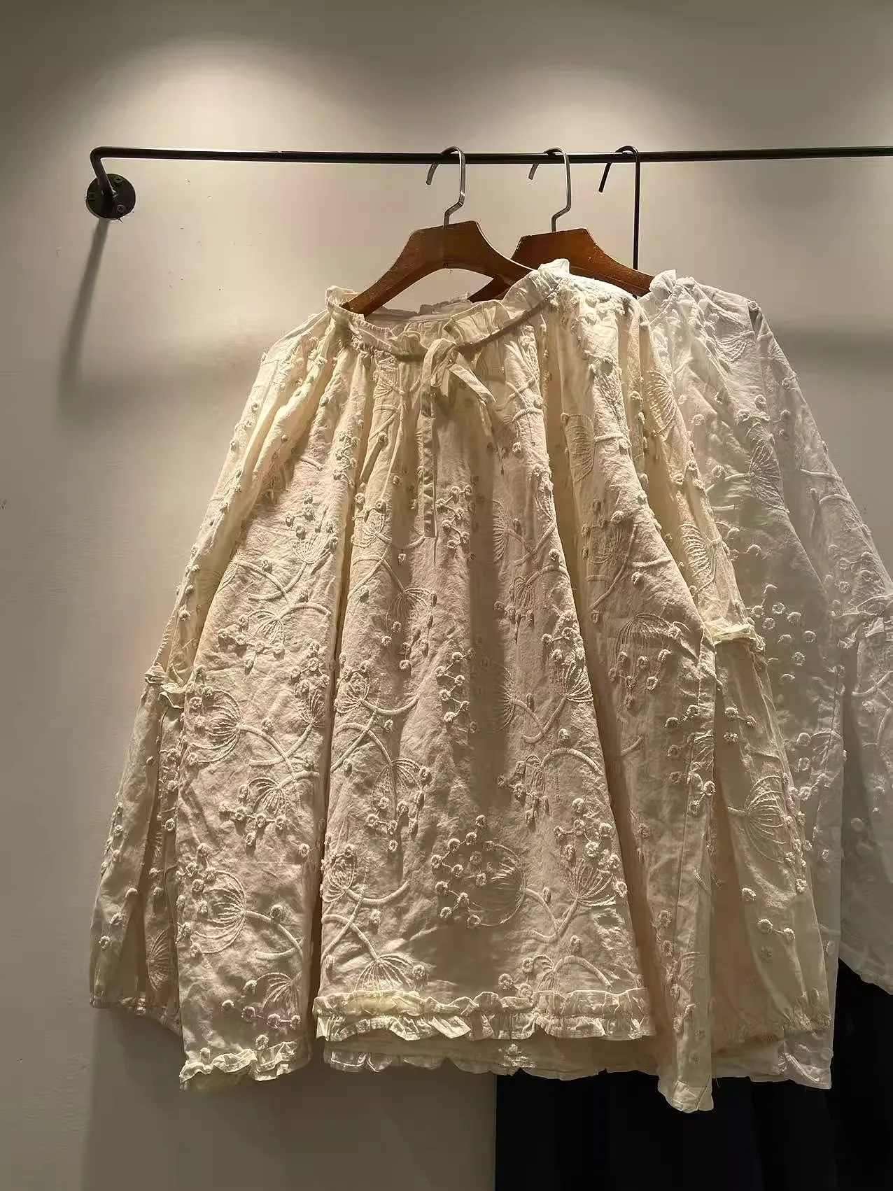 

100% Cotton Japanese clothes sweet mori girl lace embroidery white beige shirts and blouses for women autumn long sleeve tops