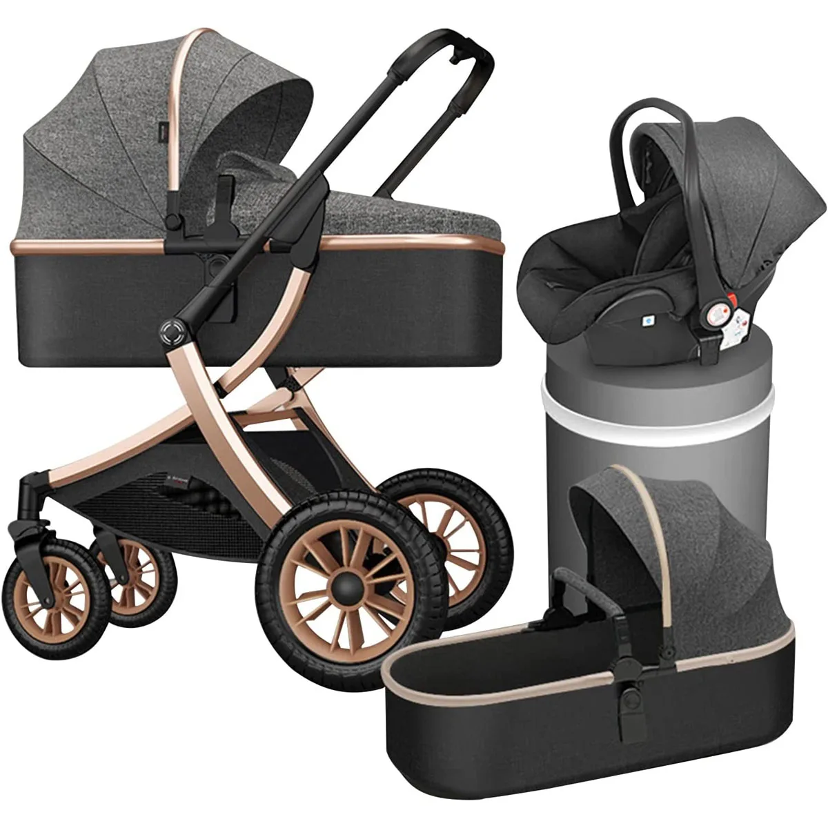 

Luxury Baby Stroller 3 In 1, Foldable Prams and Pushchairs, Carriage with Oversized Canopy, Storage Basket, Mommy Bag & Bassinet