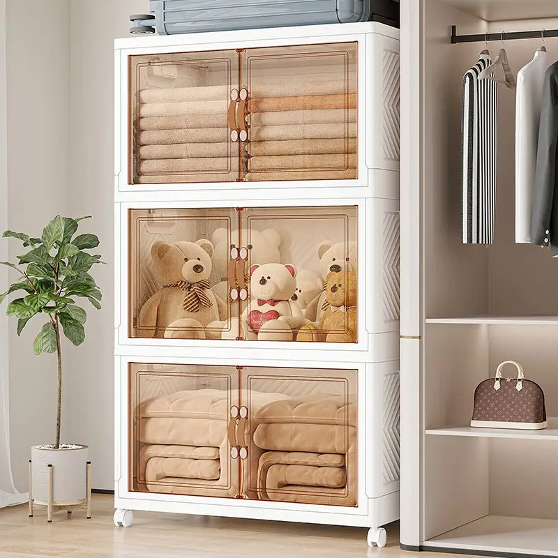 

Multilayer storage cabinet with foldable double door organizing box transparent storage box household bathroom storage rack