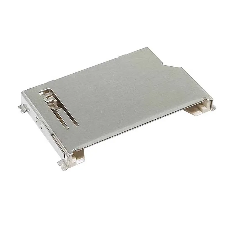 SD memory card slot, short body 11P with positioning column, PUSH type, through-hole contacts, copper and iron casing