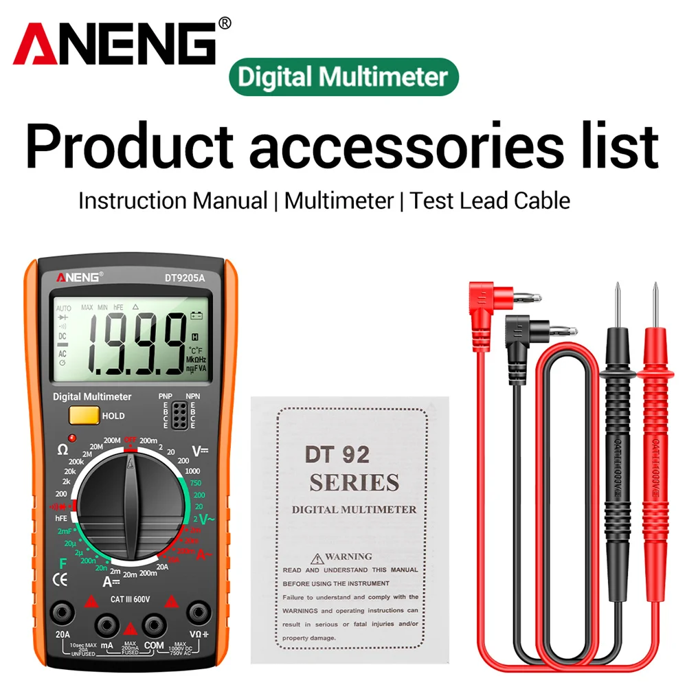 Digitale multimeter True RMS voltmeter ampèremeter tester ANENG DT9205A-3 weerstand condensator elektricien reparatie multimetro gereedschap