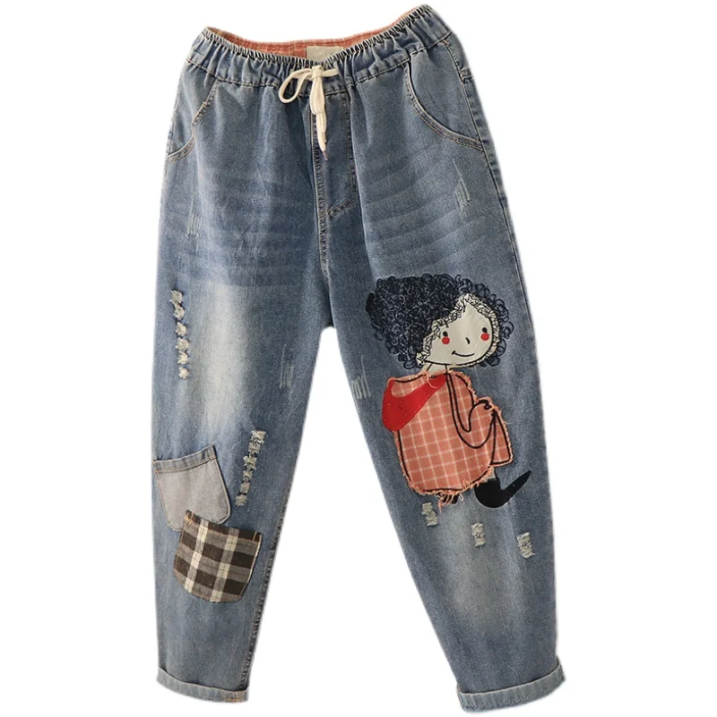 Ripped Harlan Jeans Cotton Patchwork Embroidery Waed Denim orts for Girls Autumn New Sle Multi ket Casual Trousers