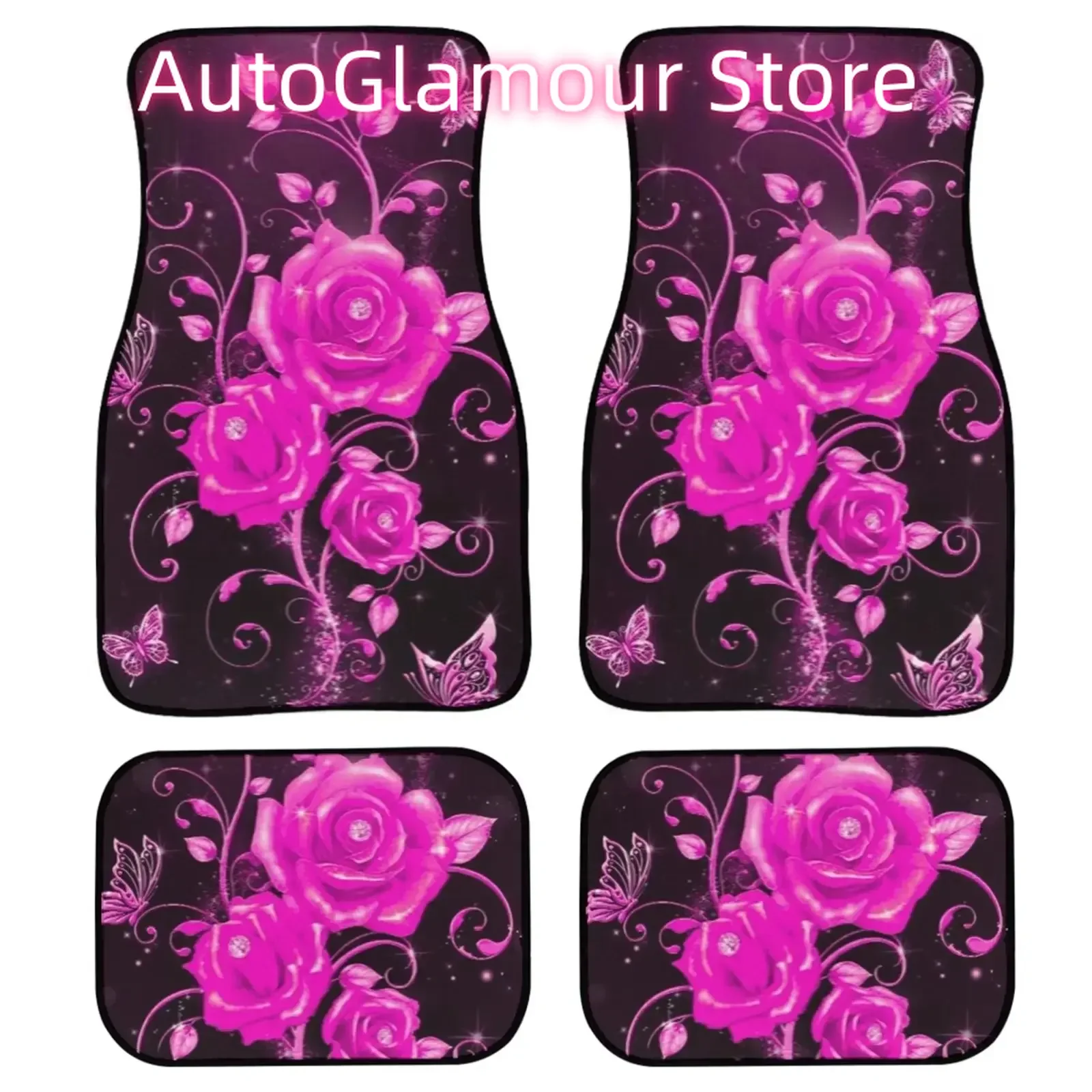 

Универсальные автомобильные коврики из 4 предметов на передние и задние, блестящие фиолетовые розы с цветочным принтом, всепогодные нескользящие автомобильные коврики Auto A