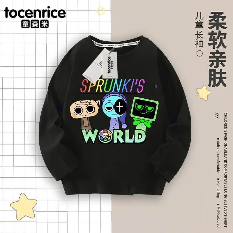 2024 Sprunki Camiseta de manga larga juego caja de ritmo otoño moda Casual camisa básica de algodón puro regalos de cumpleaños para niños