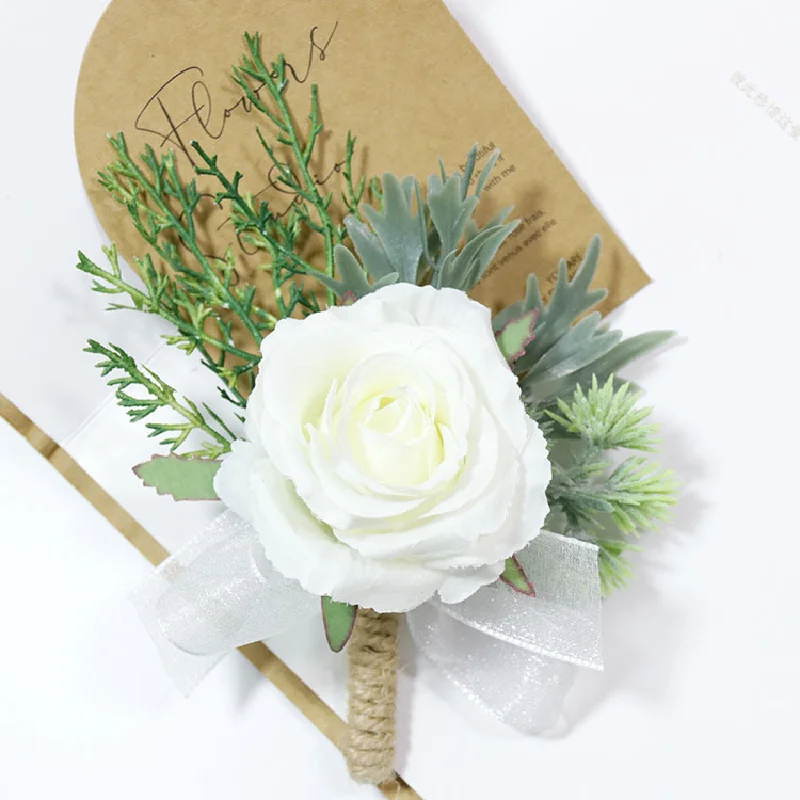 Boutonniere 및 손목 코르사그 웨딩 용품, 연회 하객 시뮬레이션 꽃, 신랑 신부 화이트 로즈 시리즈 456