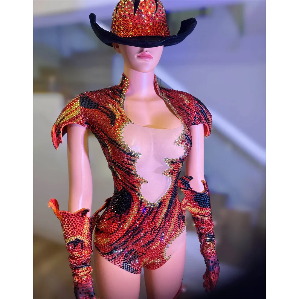 Women Singer Jazz Modern Dance Team Performance Clothes Red Blue Flame Pattern Rhinestones Bodysuit Rave Outfit Stage Costume