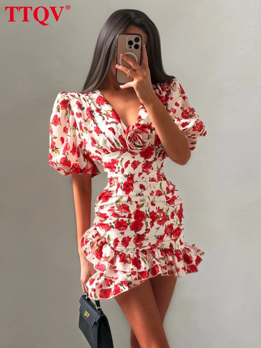 TTQV Summer Slim Print Women Dress 2026 Fashion V-Neck Short Sleeve Mini Dresses Elegant Classic Pleated Female Dress Streetwear