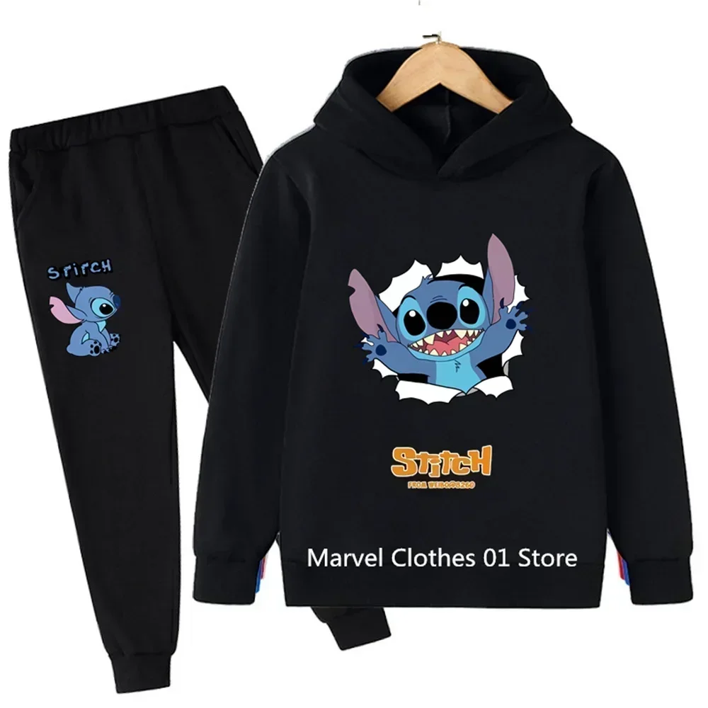 Kids Hoodie Set Disney Stitch Sweatshirt Boys Cute Top+Trousers 2P Girls Baby 3-14 Years Old Holiday Gift Jogging Casual Clothes