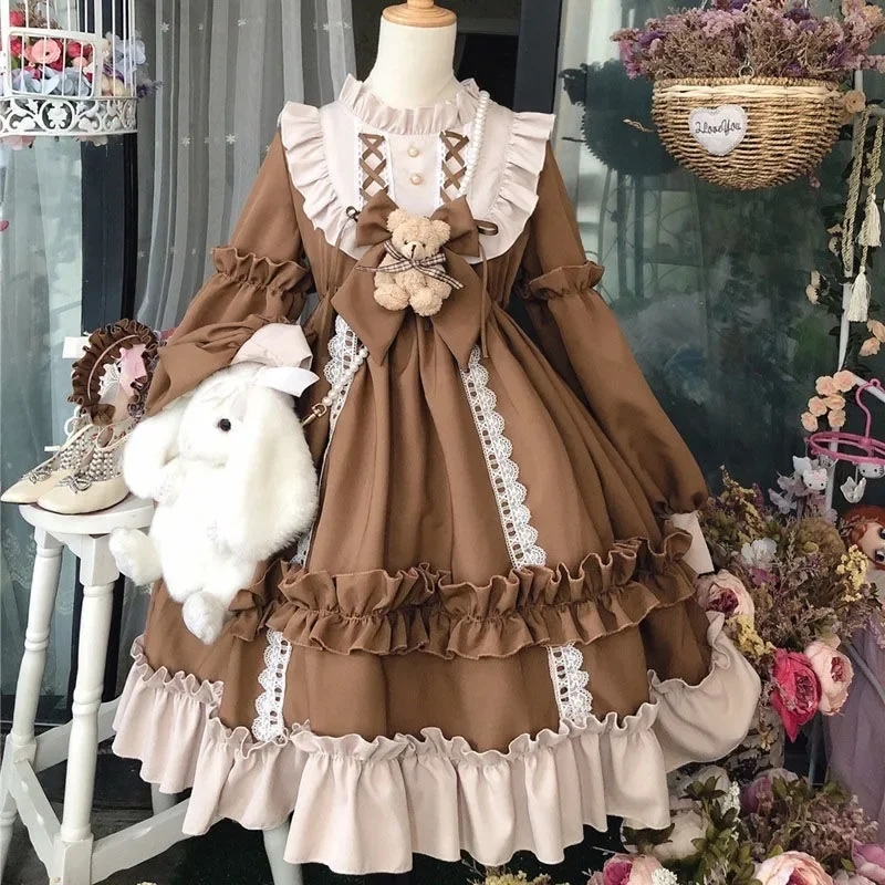 Lolita Kleid Japanische Gothic Frauen Kawaii Schleife Bär Spitze Blaues Kleid Langarm Prinzessin Halloween Kostüm Bestes Geschenk für Mädchen