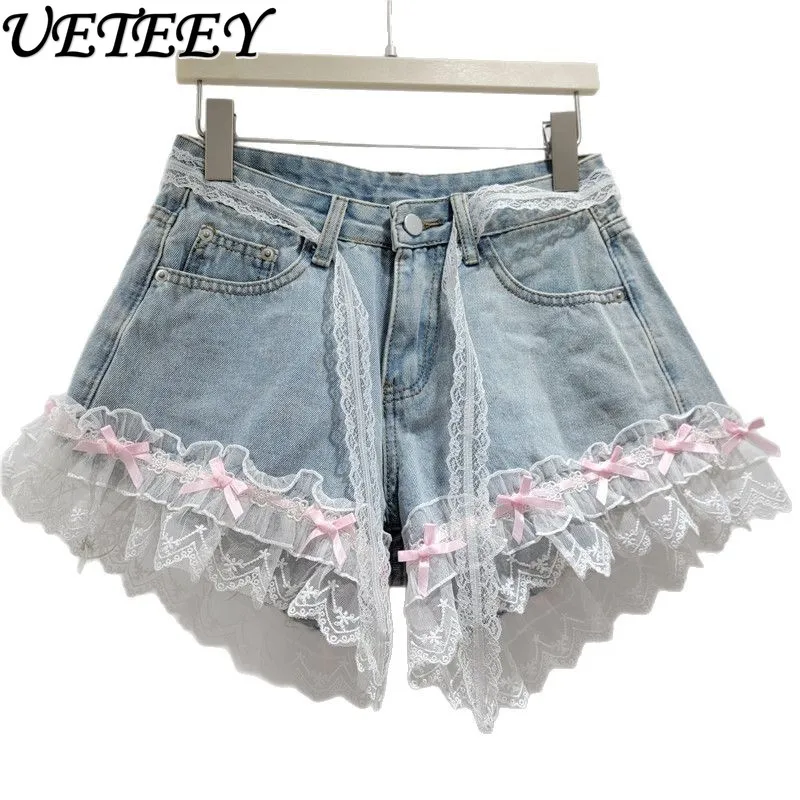 Light Color High Waist Lace Mesh Casual Denim Shorts Jeans Women's Summer Fashion Foreign Style Sweet A-line Wide Leg Hot Pants