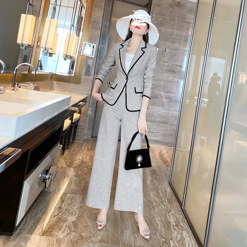 Fashion Suit Women\'s 2023 Autumn New Slimming Suit jacket+ Pants Sets Spring Grey Suit Female Splicing Jacket Two-Piece Set Lady