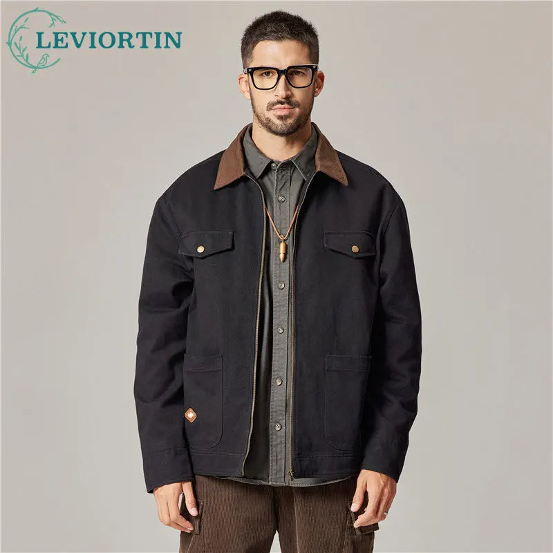 

Men's Spring and Autumn American Retro Washed Breathable, Durable Splicing Collar Design Loose and Versatile Work Jacket