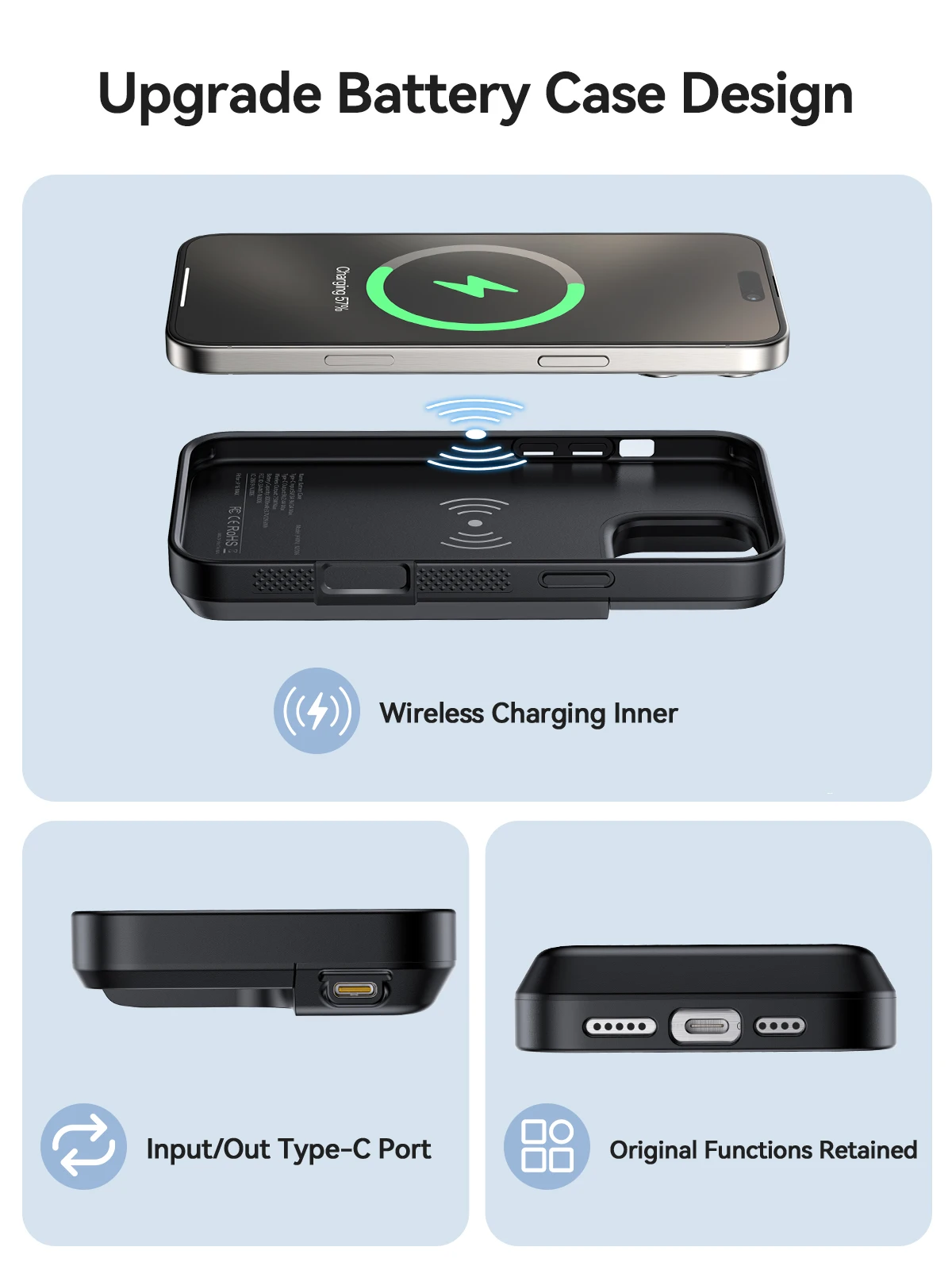 Wireless Battery Case for iPhone 16 Pro Max 8000mAh USB-C Portable Power Bank Phone Cover Rechargeable Battery Charging Case