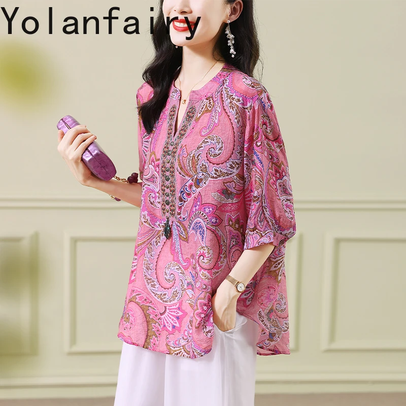 

YOLANFAIRY Ethnic style silk linen tops for women’s summer high-end loose slimmer printing v-neck lady Embroidered T-shirt 2025