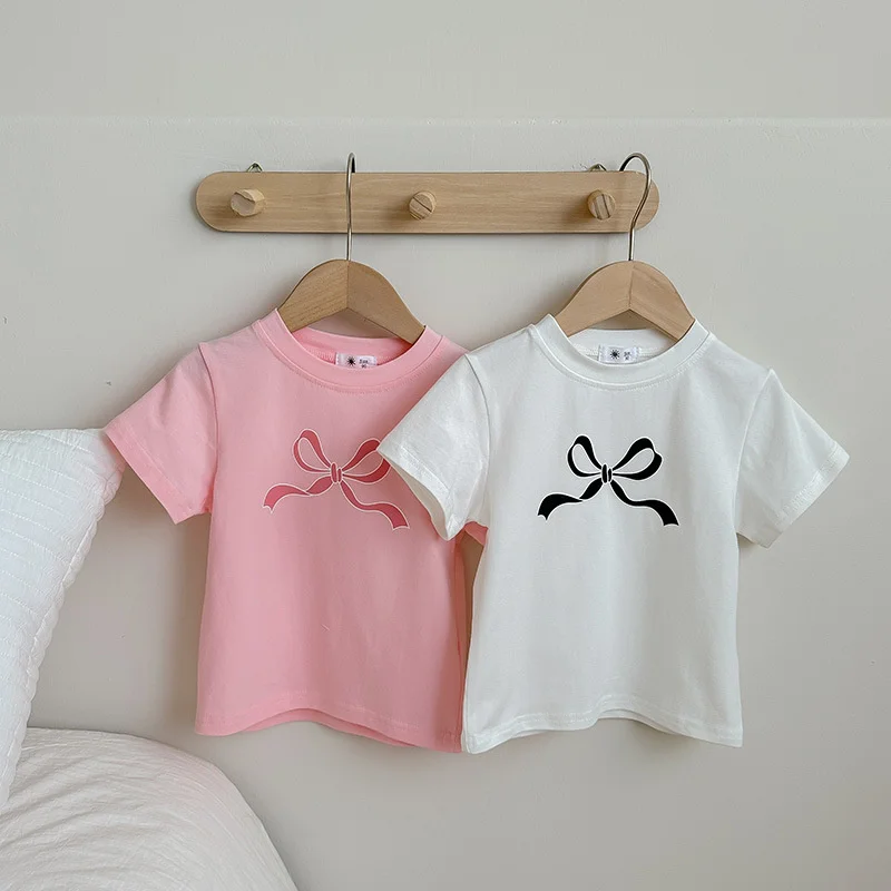 

Girls Short-sleeved T-shirt 2025 New Summer Children Print Bow Tops Baby Casual Spring Clothes Kids Daily T-shirt 2-10 Years Old