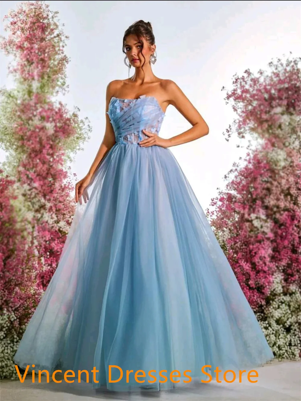 Maßgeschneiderte zarte blaue Tüll-Promi-Kleider, elegante trägerlose Applikationen, Kontrastfarbe, Schnürung am Rücken, Vestido De Noche