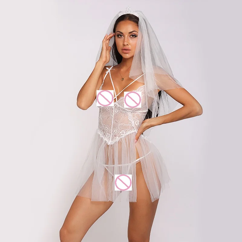 

Women's Sexy Lace Transparent Cosplay Wedding Dress Lady Roleplay Bride Lingerie Costumes Fliter Thin Babydoll