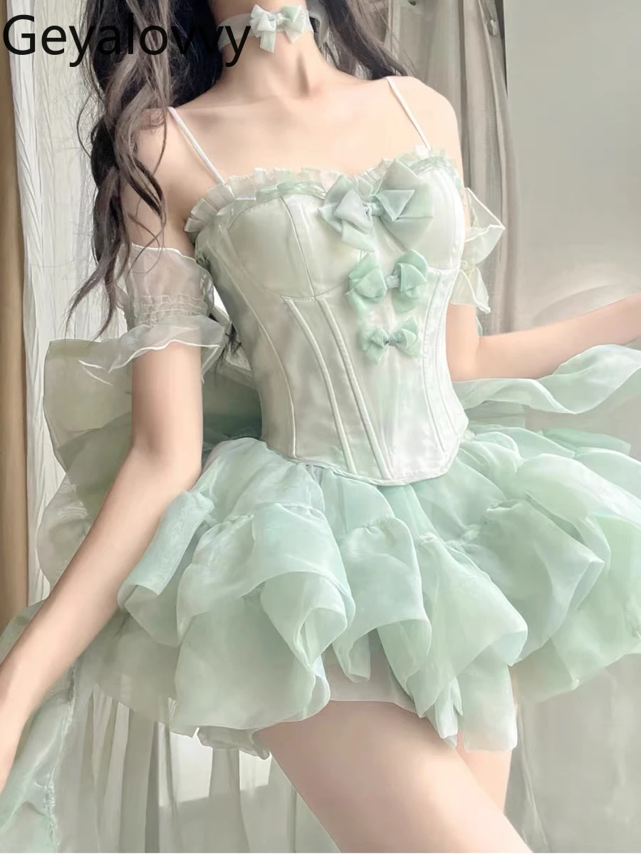 

Birthday Party Sweet Princess Tube Top French Fairy Bow Off-shoulder Sling and High Waist Tutu Short Skirt High-end Set