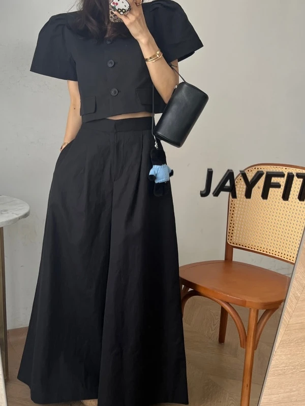

Summer Casual Cotton Linen Bubble Sleeve Open Cardigan Top Women's Fashion Set with Loose Wide Leg Pants Square Collar