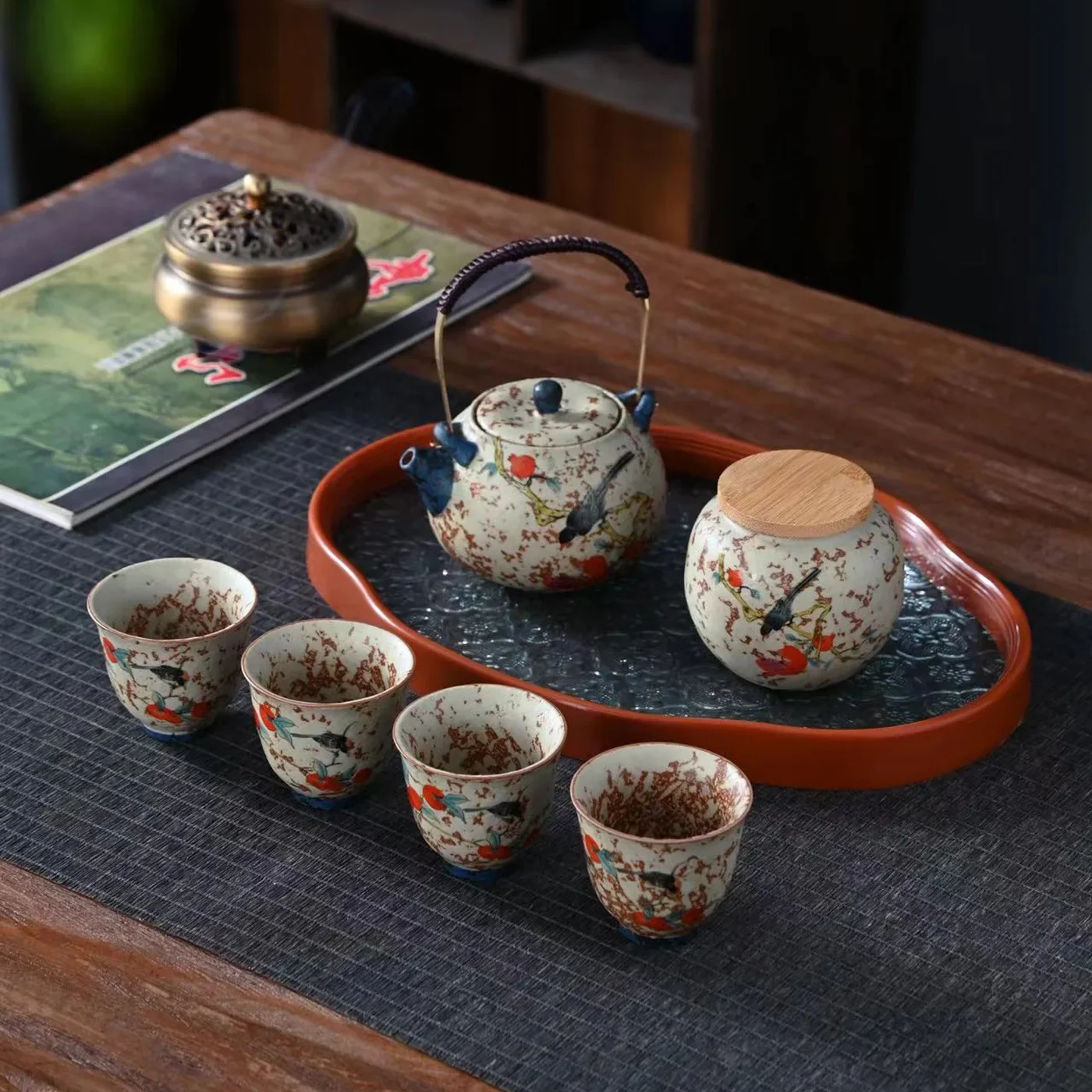 Colorful Unique Tea Infuser Flint Red Travel Tea Set Home Outdoor Ceramic Lift Teapot Teacup Tea Set Conference Gift for Elders