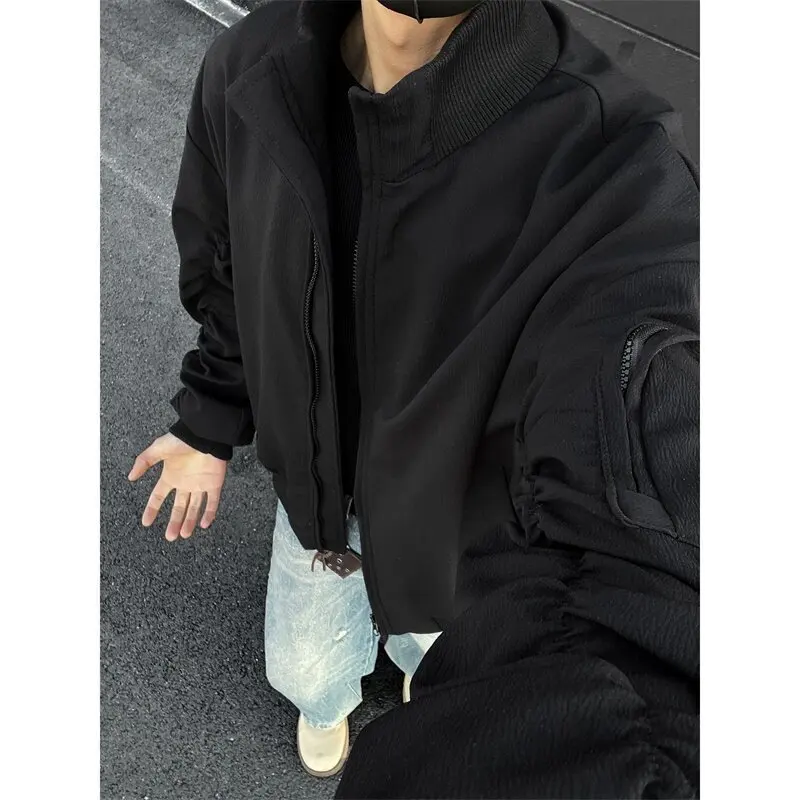 

Spring Short Jackets Men Fashion Retro Pocket Workwear Jacket Men Streetwear Hip-hop Loose Bomber Jacket Mens Black Jacket Coat